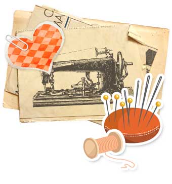 Old sewing machine printed on paper, with a heart attached by a paper-clip. An orange pin cushion and thread sticker elements attach at the bottom.